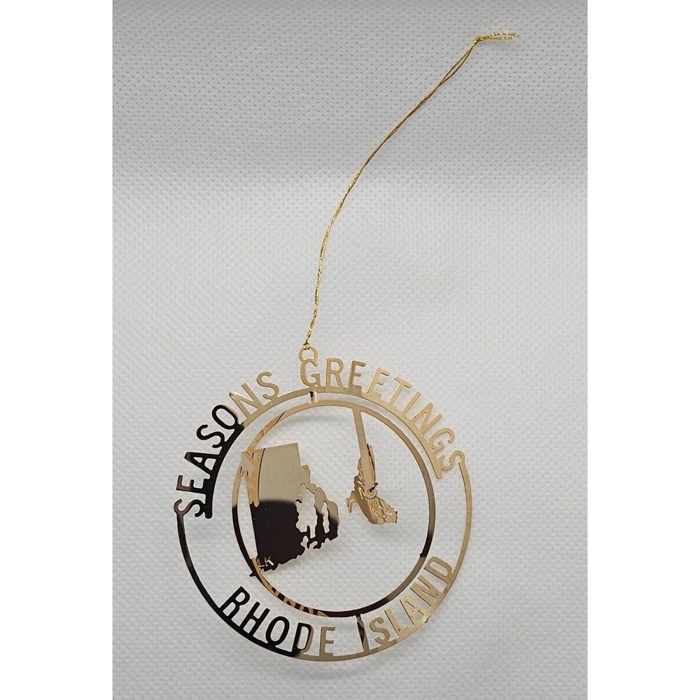 Rhode Island Seasons Greetings Gold Plated Brass Ornament with Rooster Charm